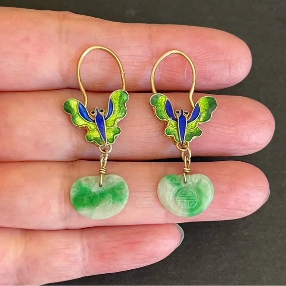 Antique Chinese export gilt silver carved jade & enamel butterfly earrings.